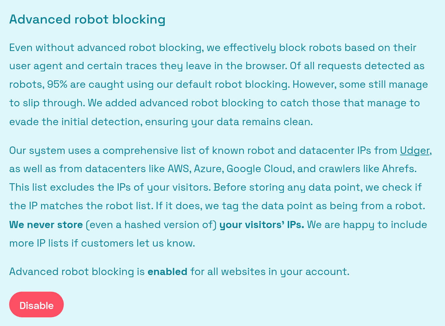 Advanced robot blocking in Simple Analytics account settings