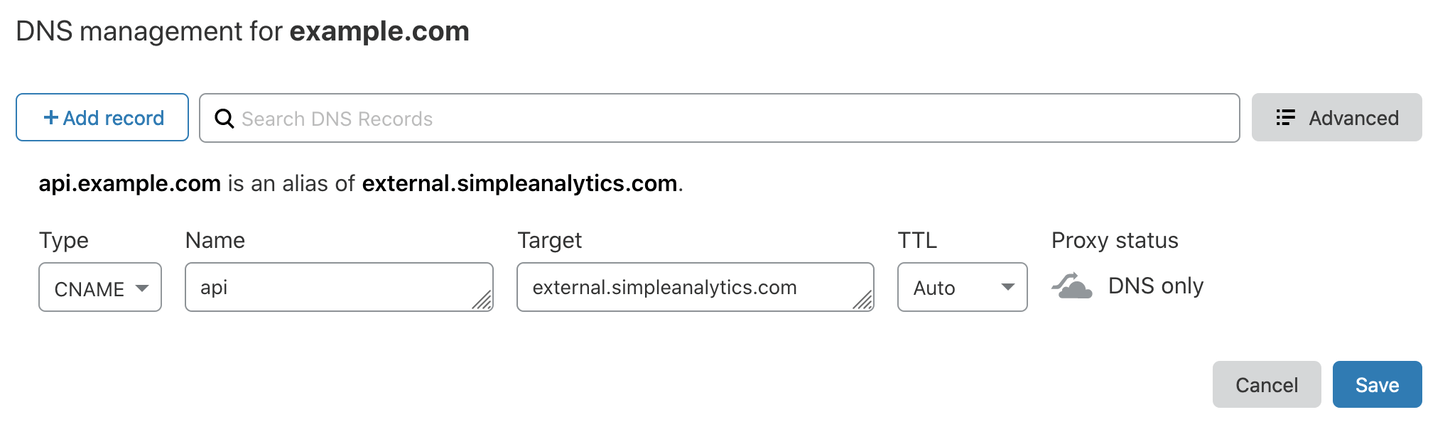 Add Simple Analytics custom domain to CloudFlare DNS