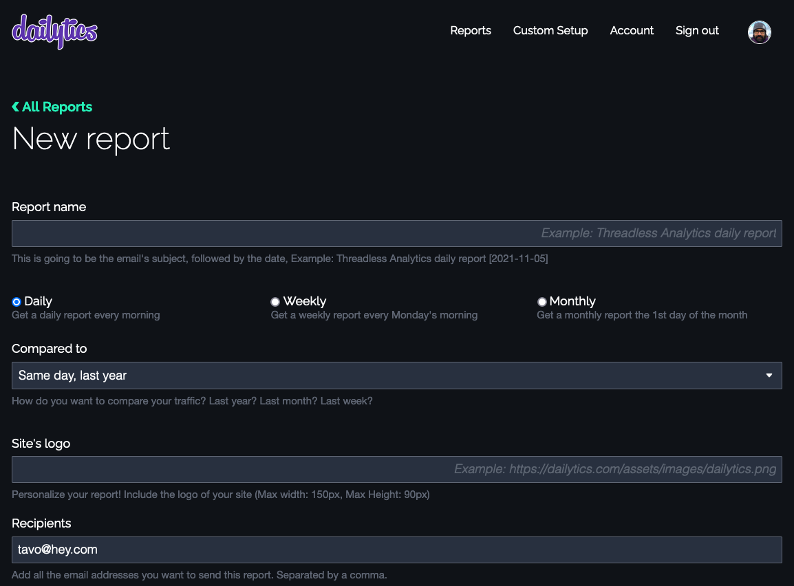 Create a report at Dailytics - form, first part