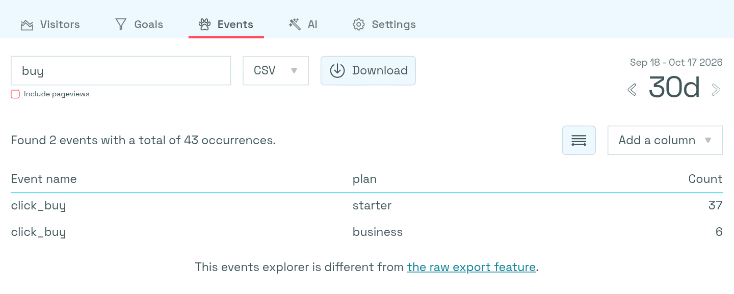 Use metadata in the Events Explorer at Simple Analytics