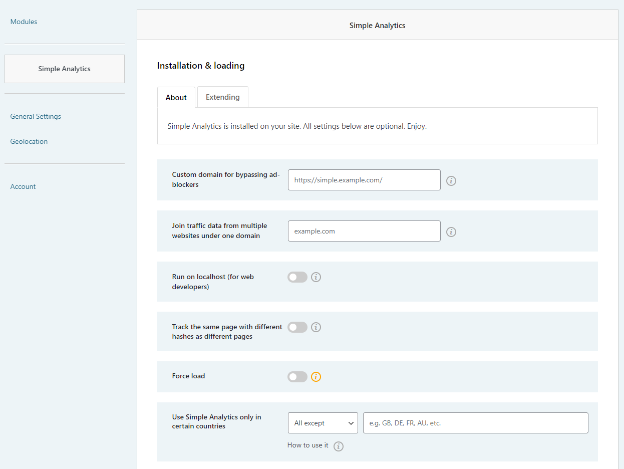 Simple Analytics settings menu in WordPress' WP Full Picture plugin